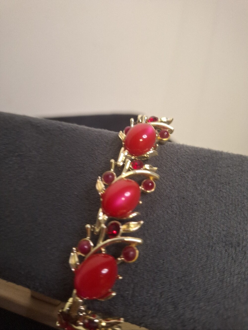 Vintage 1950 Coro Gold-Tone Red Cabochon Bracelet -With Red Rhinestones Signed